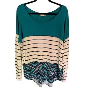 NEW Cloth & Portrait Tunic Top Size Large Teal & Cream Scoop Neck Long Sleeve